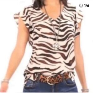 CAbi Simone Zebra Brown/Cream Top